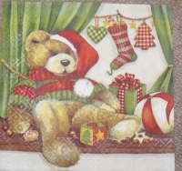 Servietten -  Bär mit Mütze (grün-rot)  (33cm Papierserviette)